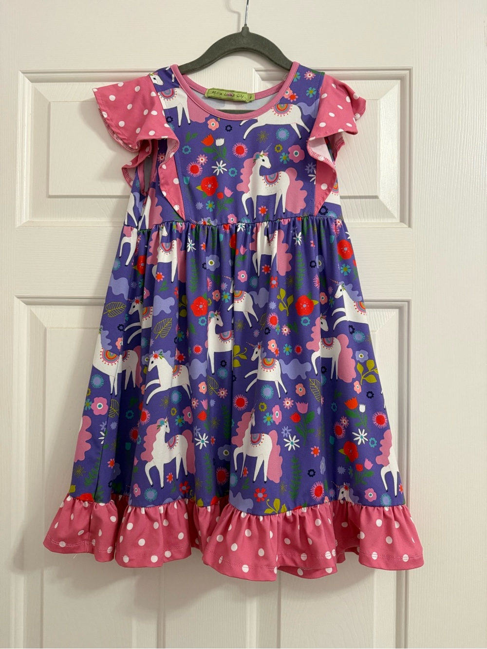 Girls Purple Unicorn Print Dress with Pink Ruffle Details